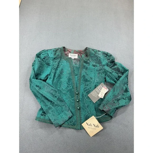 Nah Nah Jacket Womens 8P Green Floral Brocade Button Front Petite Formal - Picture 1 of 10